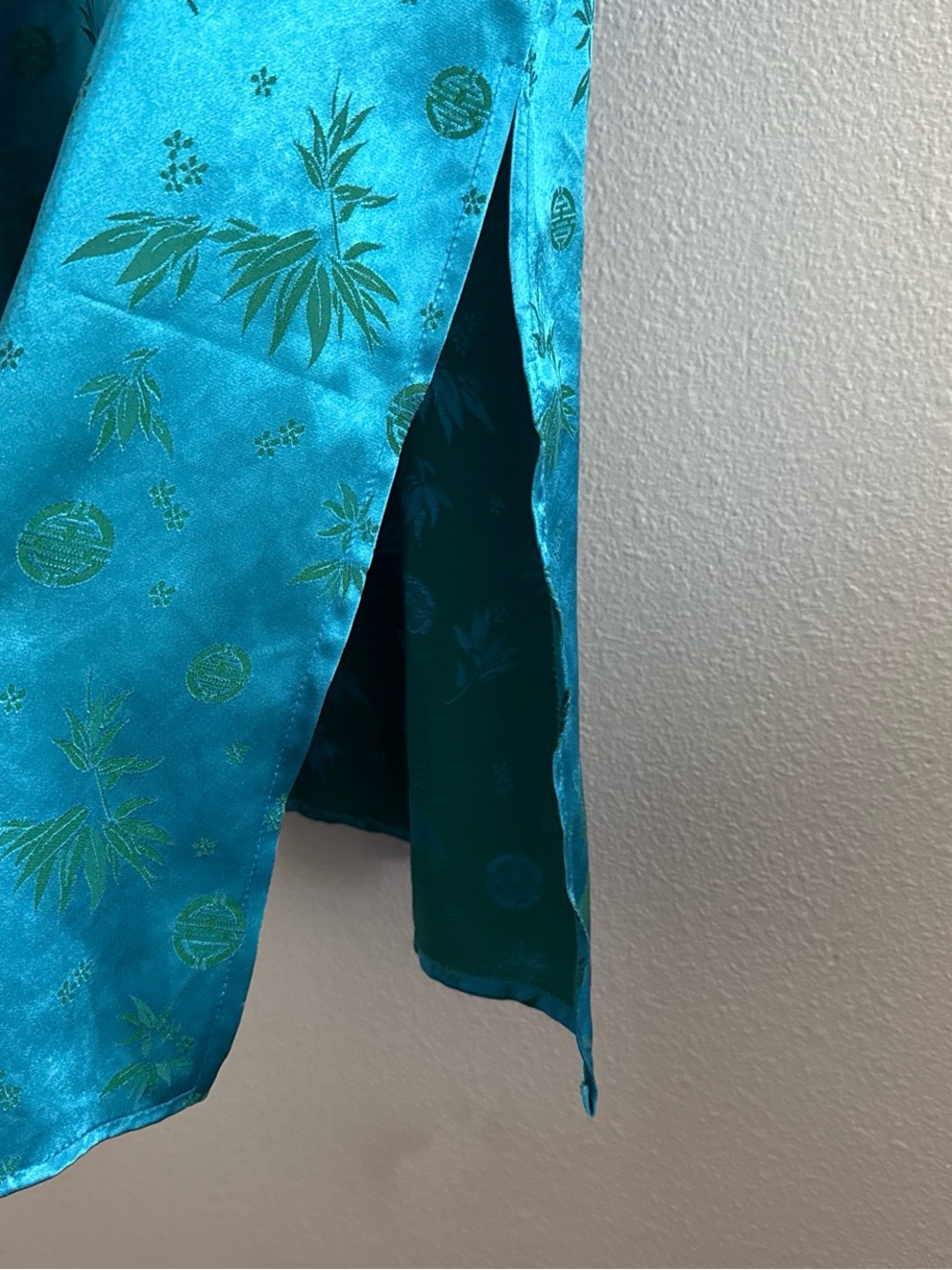 100% Silk Vietnamese Cheongsam Style Tunic Top Teal Blue Bamboo Print Size L - Picture 5 of 6